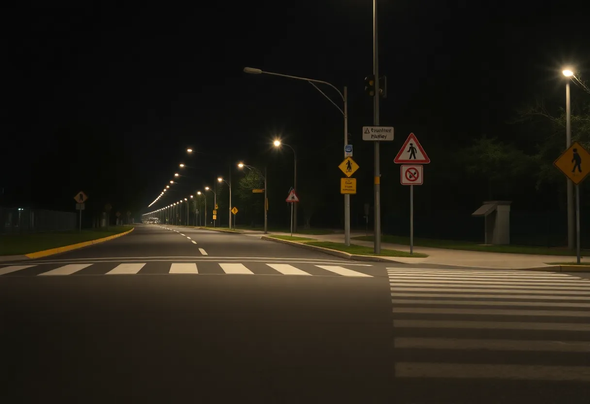 A road at night highlighting pedestrian safety features.