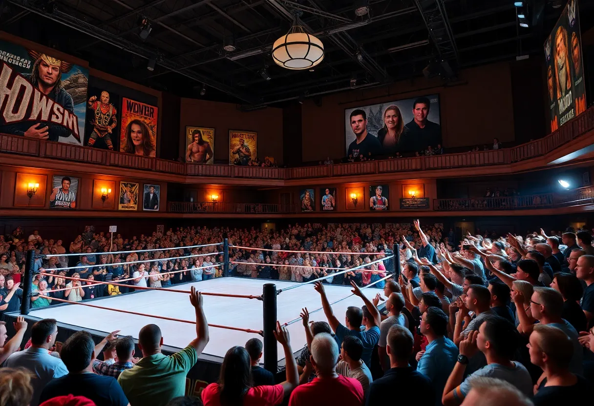 A lively scene from the Phoenix Wrestling Experience event with fans and wrestlers in a historical venue.