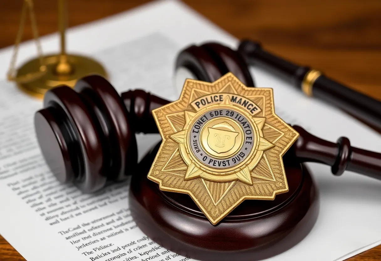 A police badge on a gavel with legal documents, indicating law enforcement accountability