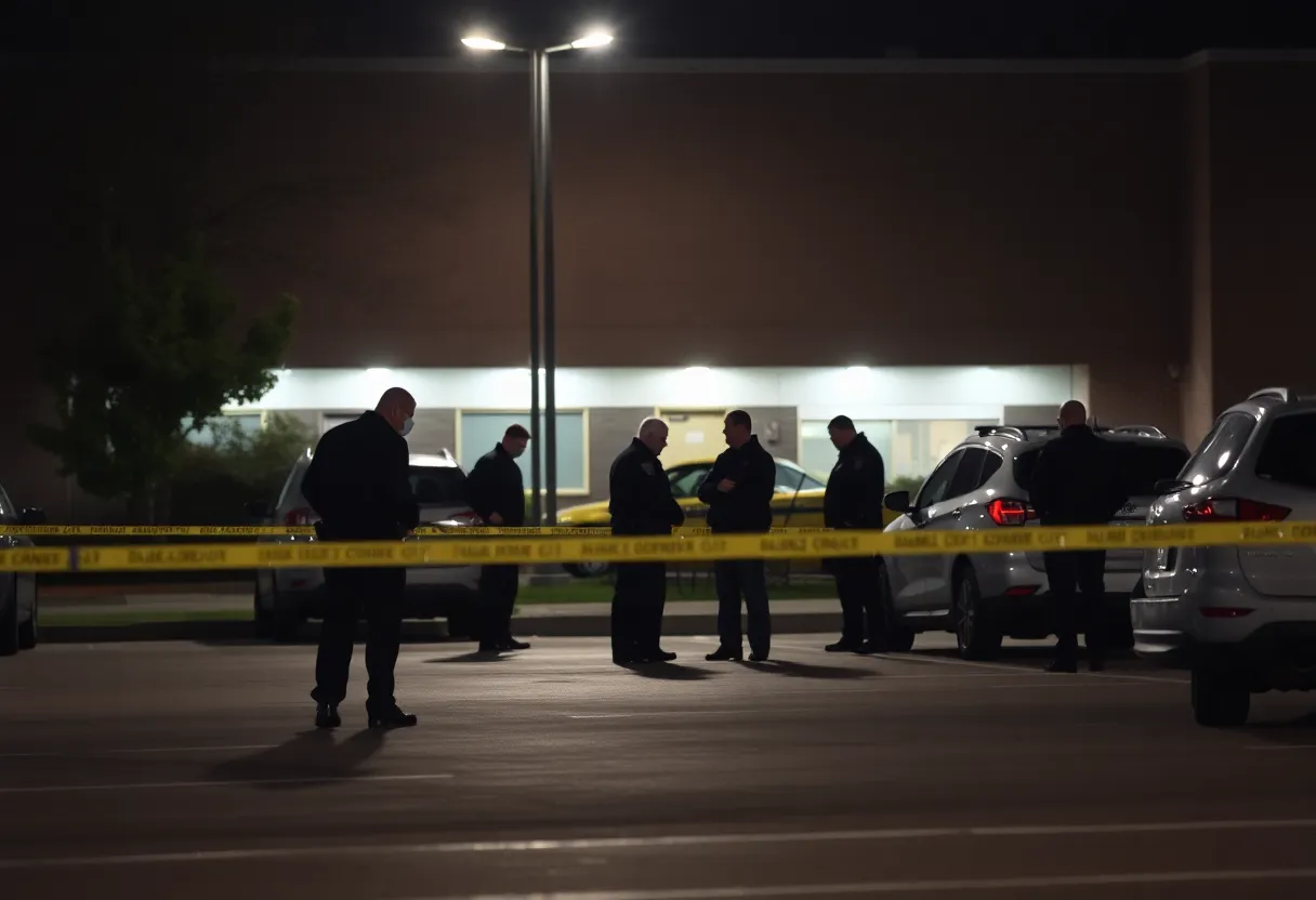 Police officers investigating a crime scene at Helms College parking lot in Augusta