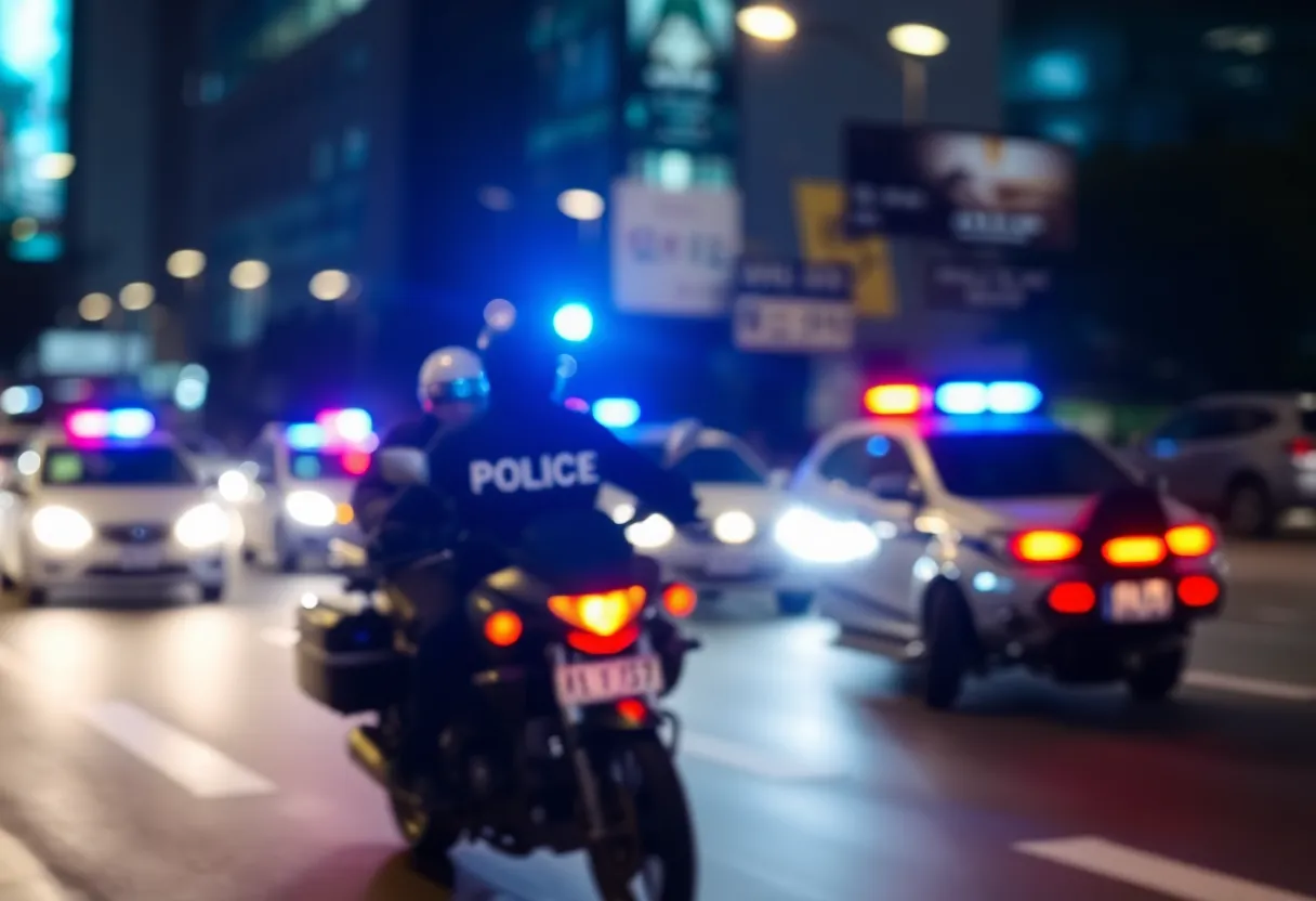 Image of a police chase during the night with flashing lights