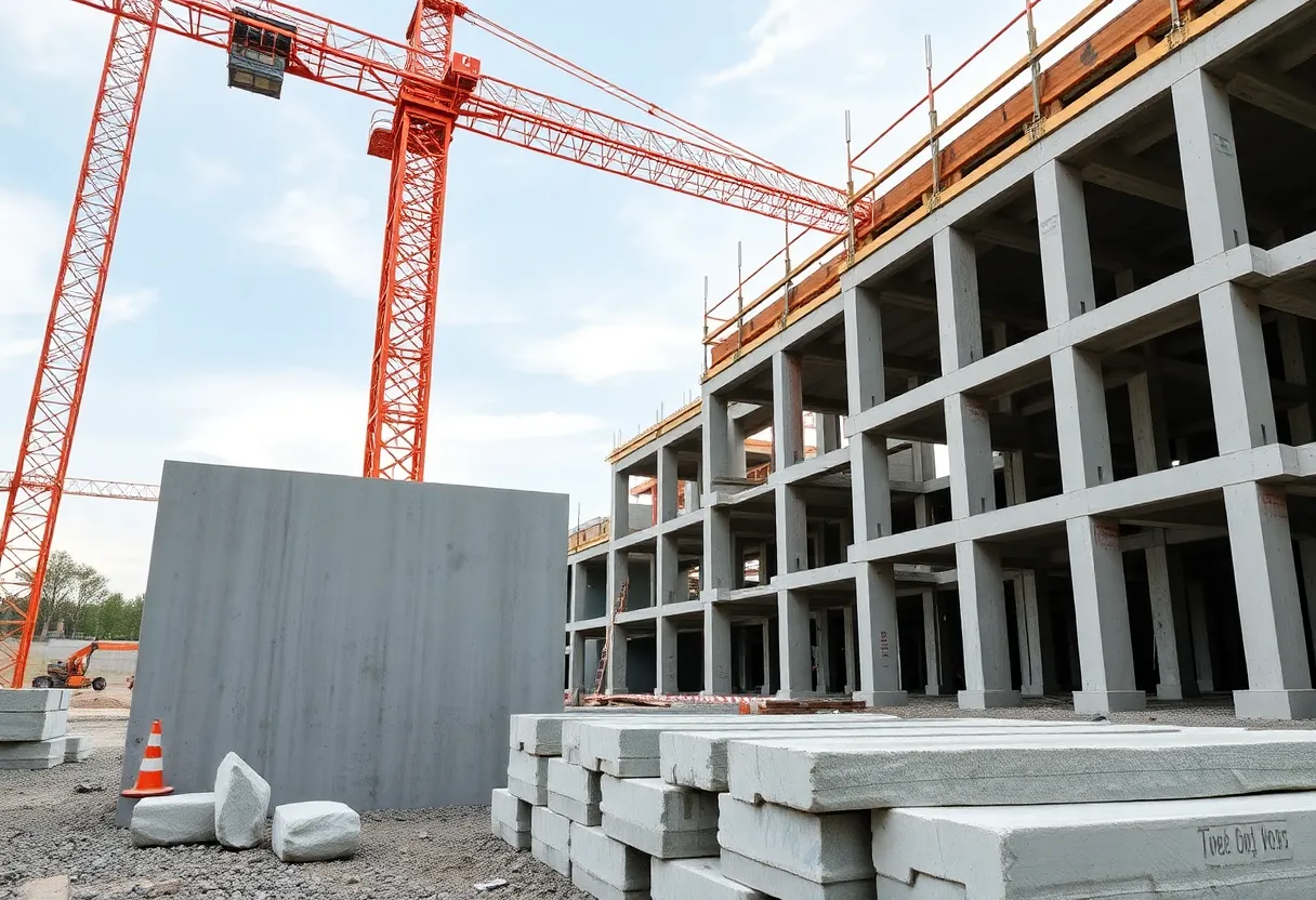 Precast concrete structures being assembled at a construction site