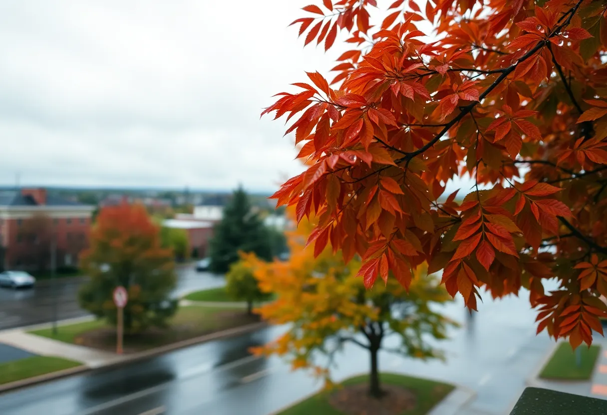 A rainy day scene in Augusta with colorful fall leaves and overcast skies.