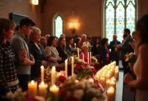 Memorial scene for Ralph Neitzke with candles and flowers.