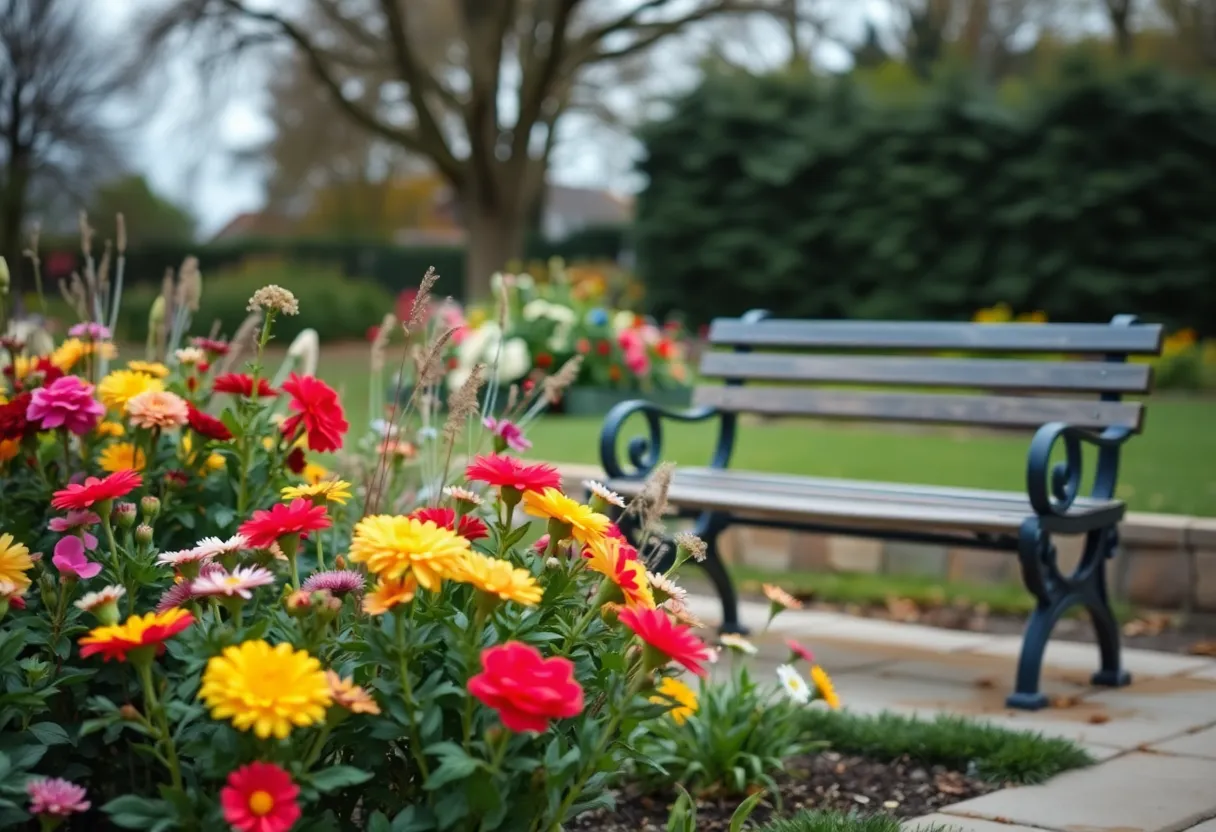 A tranquil garden with flowers and a bench, representing a tribute to a beloved educator.