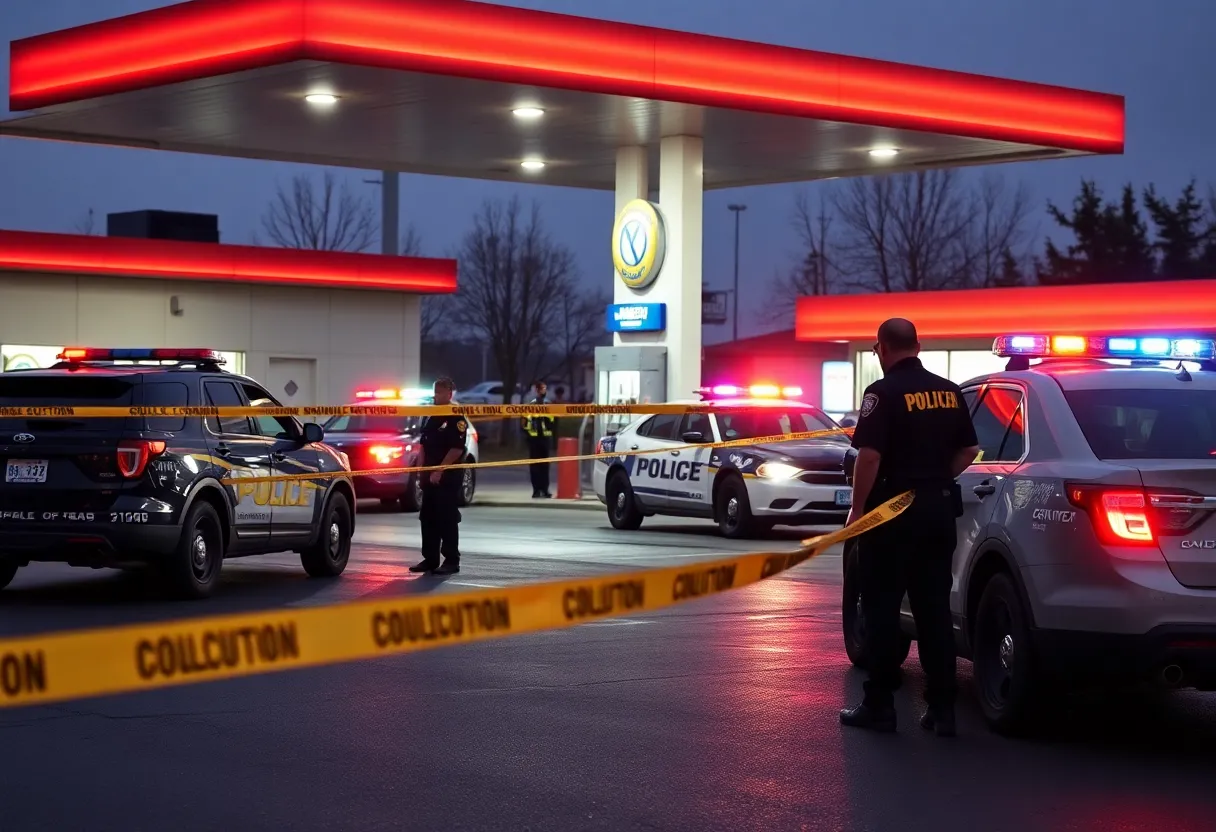 Law enforcement presence at a gas station after a shooting incident.