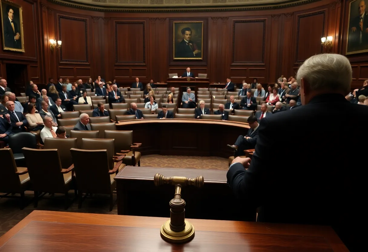 A Senate committee hearing room with an empty podium and chairs arranged for testimony.