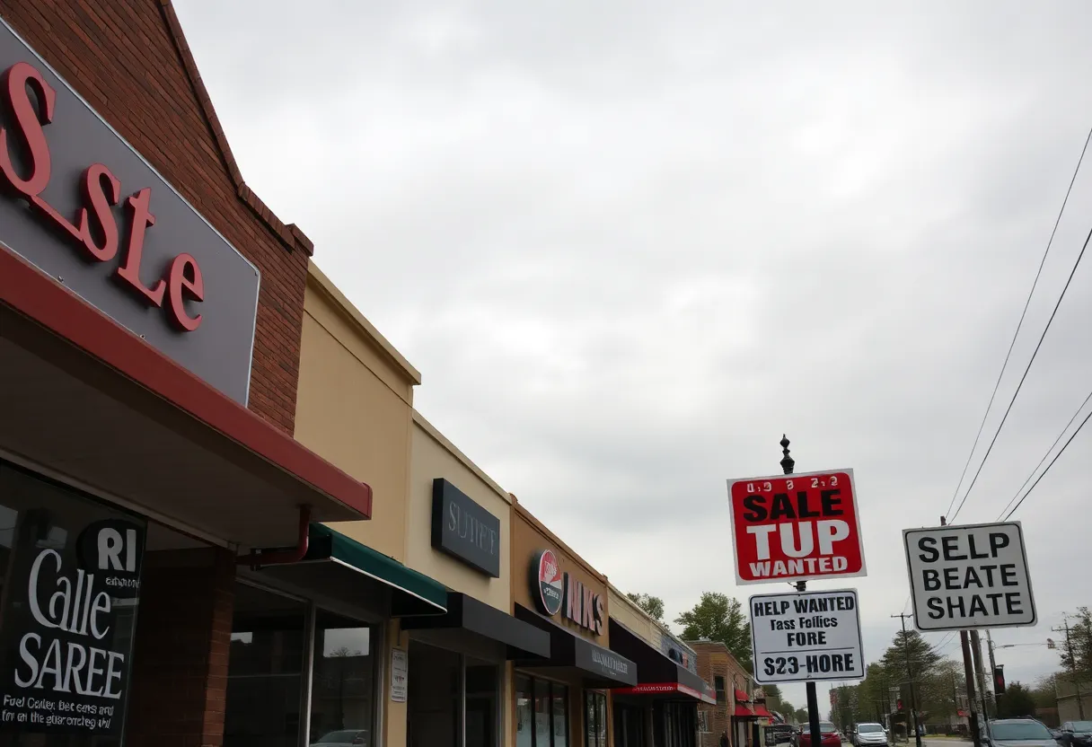 A street with small businesses facing economic challenges in Georgia.