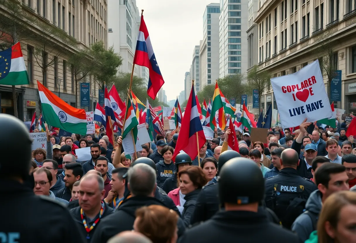 Protesters in Tbilisi holding flags during a demonstration