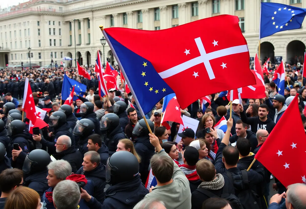 Protesters gathered in Tbilisi holding flags amidst unrest