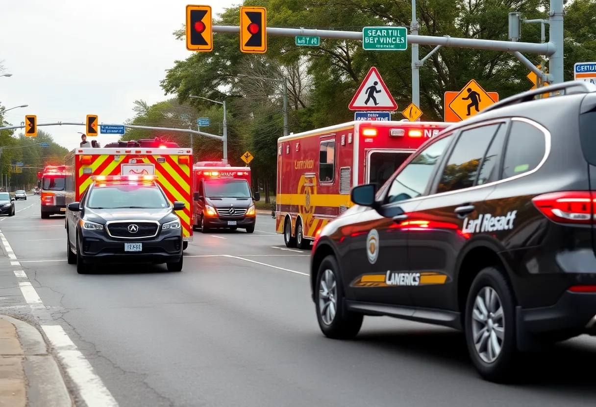 Emergency vehicles responding to a traffic accident at an intersection.