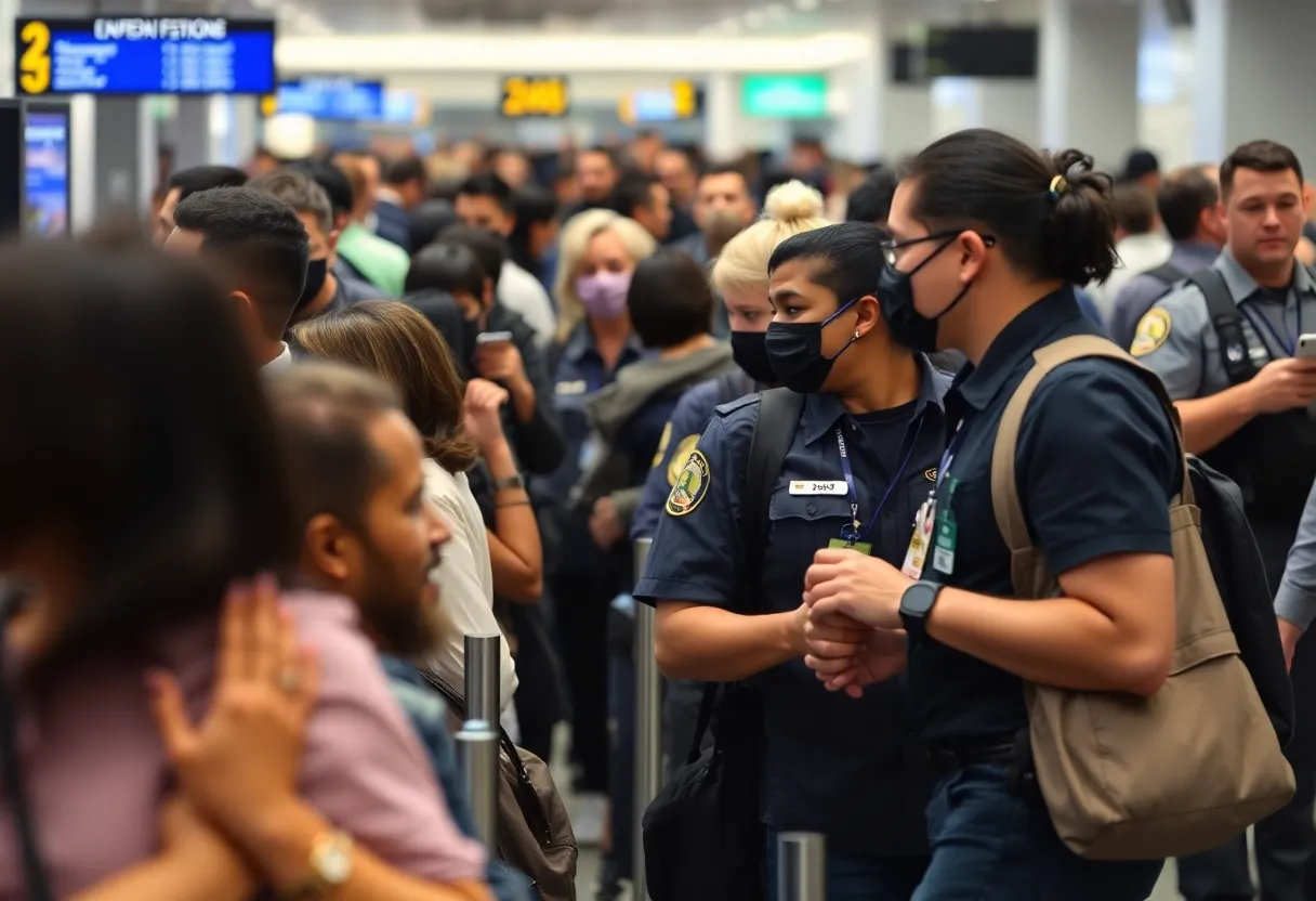 TSA workers helping travelers in a busy airport security line during government shutdown